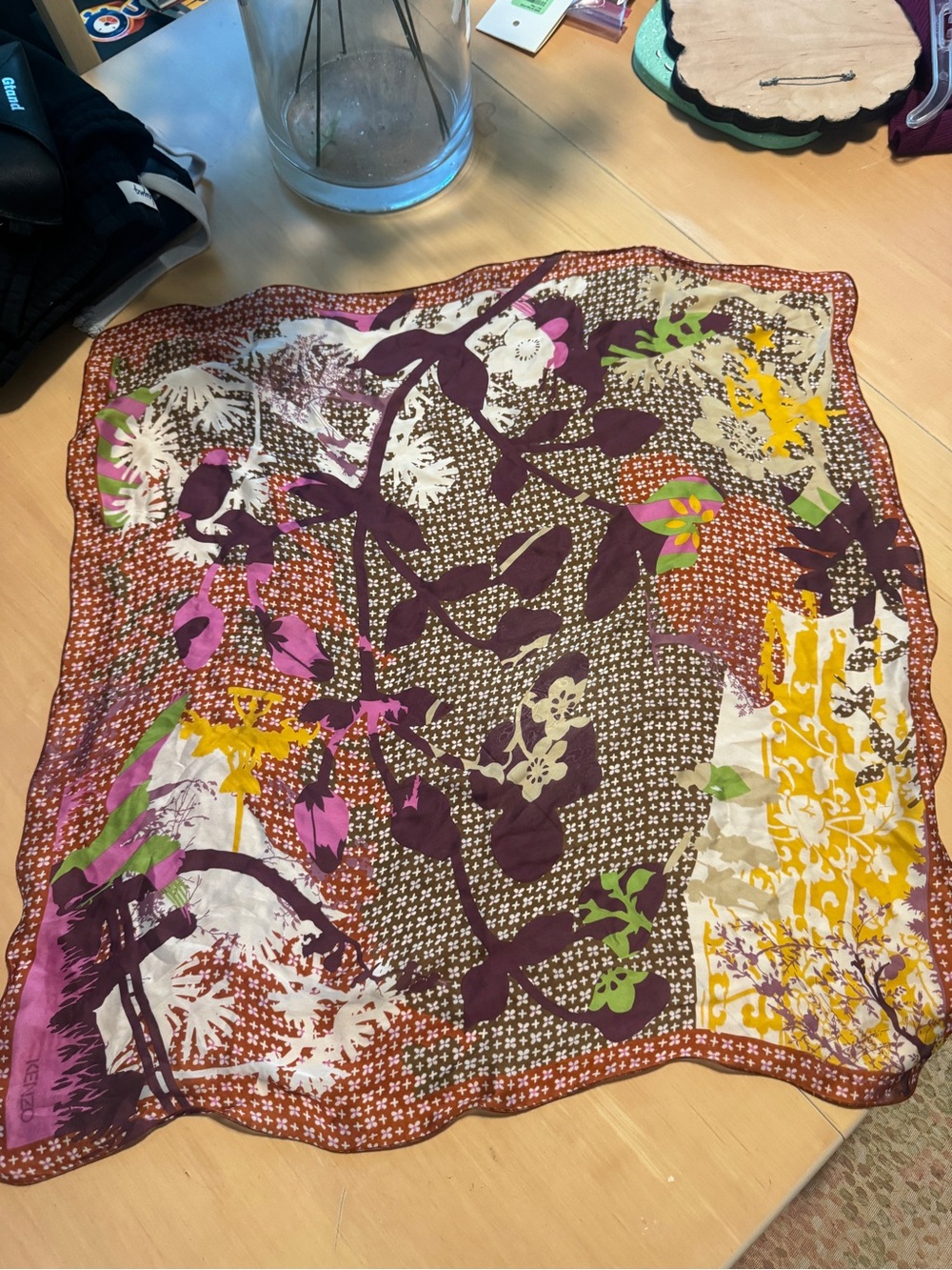 Kenzo Brown, Purple & Pink Graphic Silk Scarf